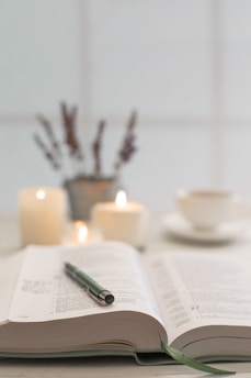 An open book with a pen resting on top, surrounded by a cozy reading environment.