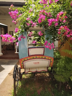 A bright, sunny street in Panjim with a Ruhaan rental bike parked near a beachside café.