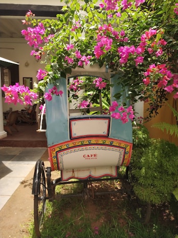 A bright, sunny street in Panjim with a Ruhaan rental bike parked near a beachside café.