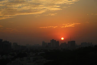 A cinematic shot of a sunset over a bustling city skyline.