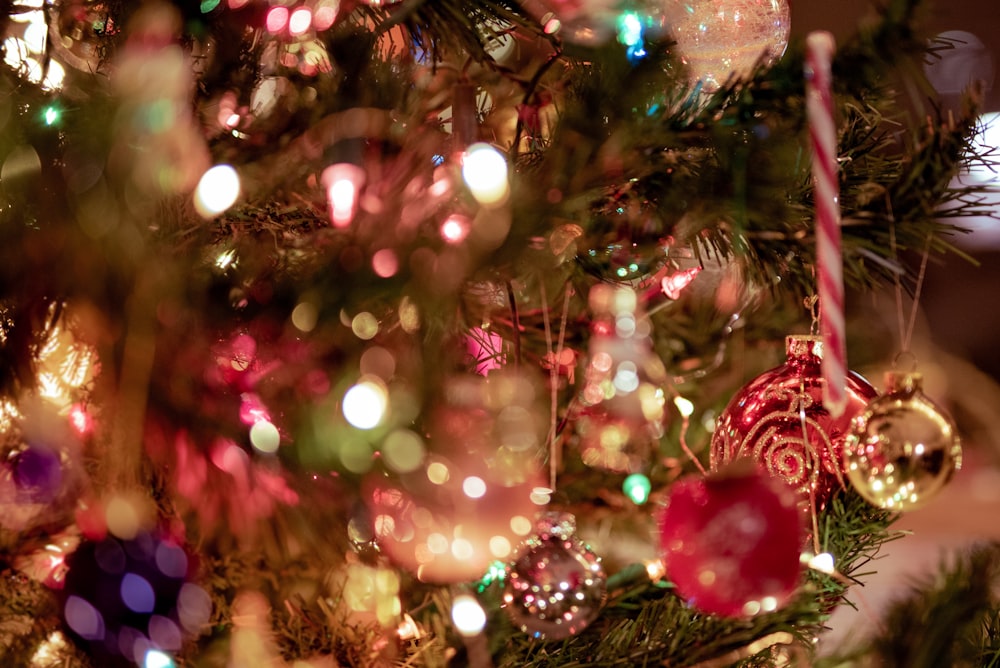 red and gold baubles on christmas tree