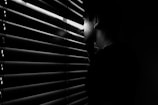 A person is peering through partially opened blinds in a dimly lit setting. The shadows cast by the blinds create a striped pattern across their face. The overall mood is mysterious and contemplative.