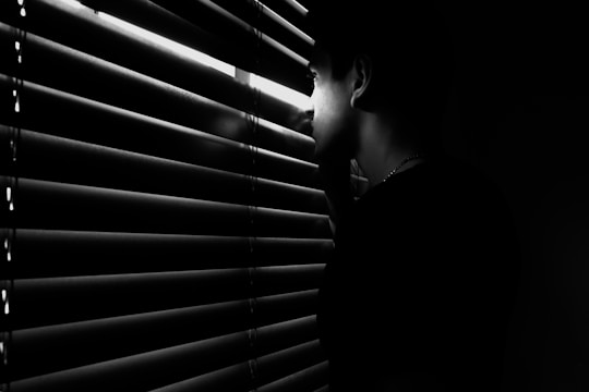 A person is peering through partially opened blinds in a dimly lit setting. The shadows cast by the blinds create a striped pattern across their face. The overall mood is mysterious and contemplative.