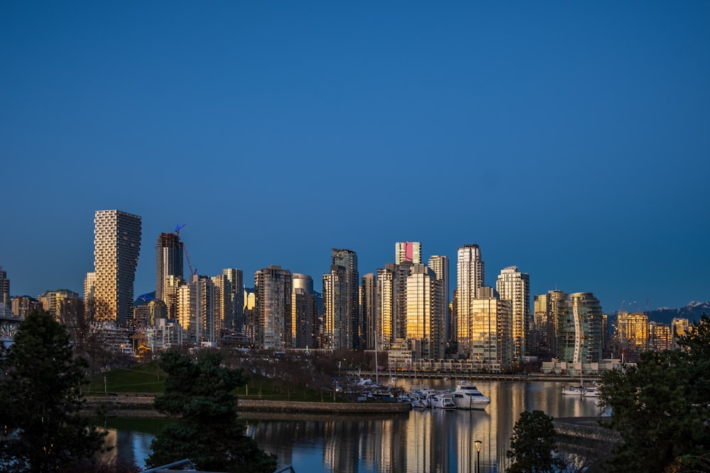 city skyline across body of water during night time