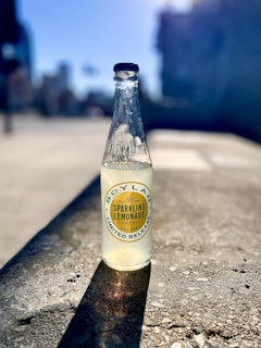 A sleek bottle of Lonik sparkling beverage resting on a sunlit urban balcony with city skyline in the background.