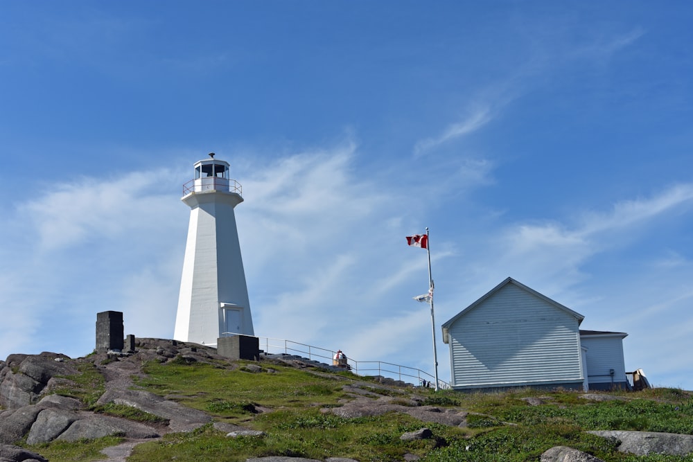 white lighthouse on green grass field under blue sky during daytime