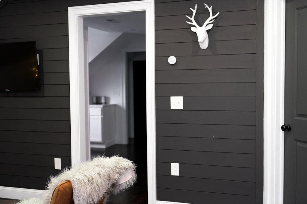 white wooden door near white fur textile