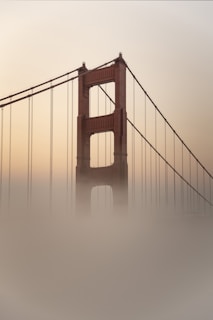 An elegant suspension bridge arching gracefully over a misty river at dawn.