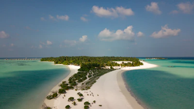 A serene private island in the Maldives with turquoise waters and white sandy beaches.