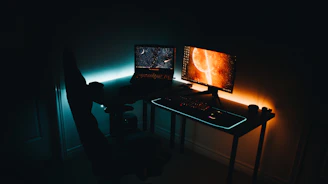 A sleek trading desk under a starry night sky, with celestial charts glowing softly on multiple monitors.