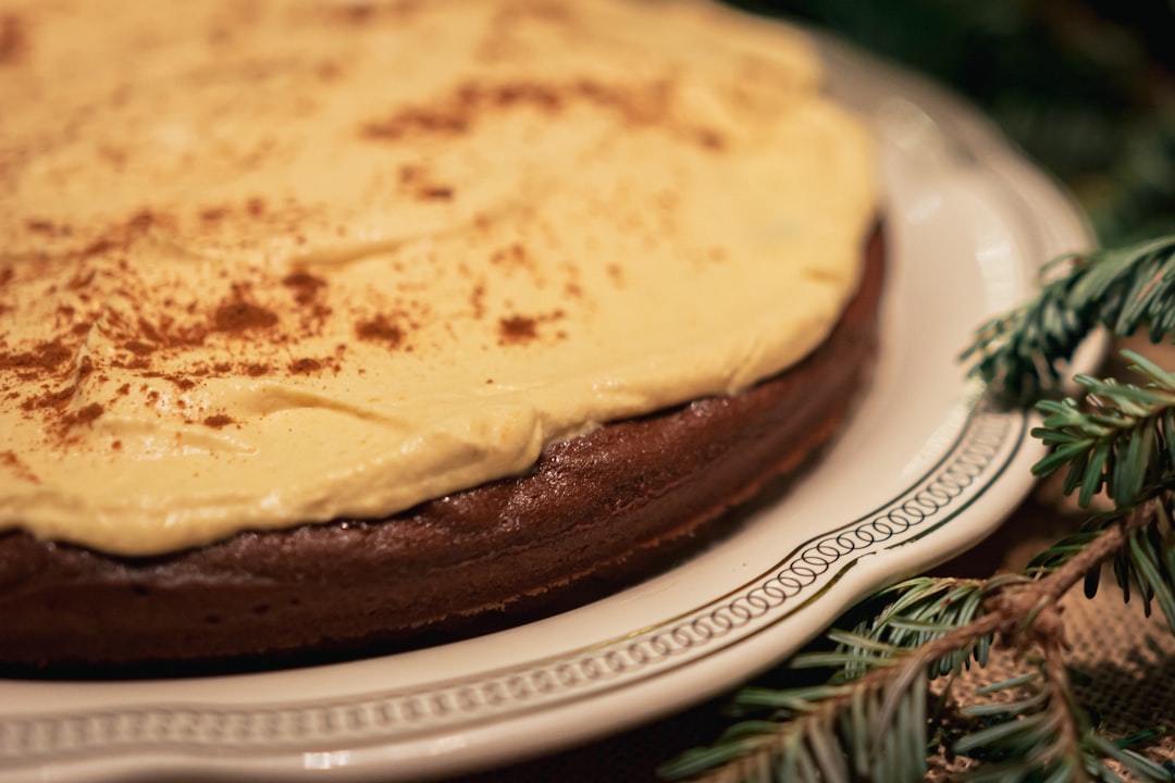 brown cake on white ceramic plate