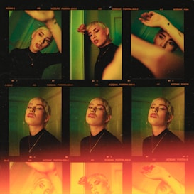 A series of portrait-style images depict a person with short blond hair and bold makeup, featuring dramatic eye shadow and red lipstick. The lighting casts a green and orange hue, creating a moody atmosphere. The subject appears to pose with confidence, displaying various expressions and hand placements.