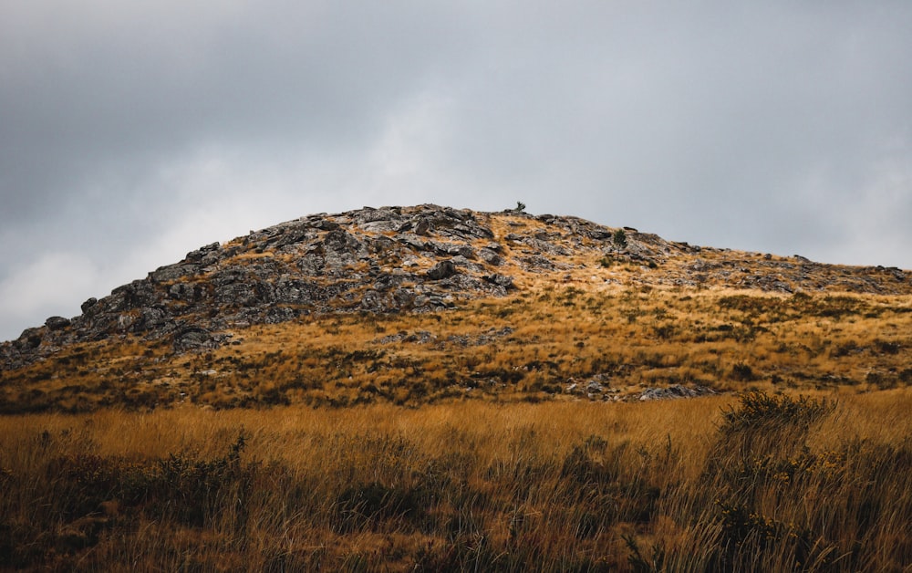 Campo de hierba marrón cerca de la montaña marrón bajo nubes blancas durante el día