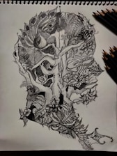 A detailed sketch of a whimsical character surrounded by nature elements.