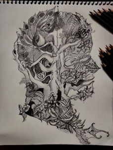 A detailed sketch of a whimsical character surrounded by nature elements.