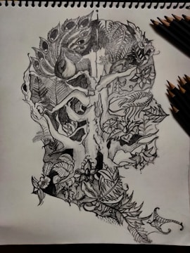 Sketches of fantasy creatures blending organic and mechanical elements.