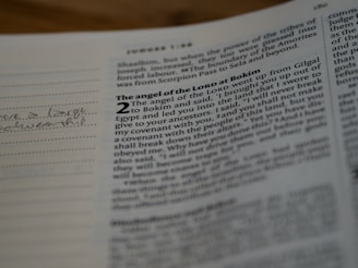 A close-up of an open book with printed text. The page is formatted with two columns; on the left, there is a handwritten note in cursive on lined space, and on the right, there is a passage with bolded titles and numerical markings.