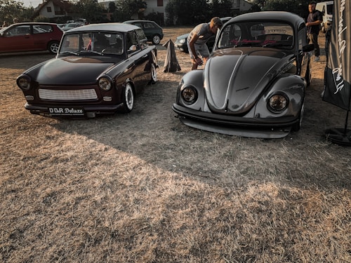 Two vintage cars are parked on dry grass in an outdoor setting. One car is a boxy sedan with a license plate reading 'DDR Deluxe', and the other is a rounded coupe resembling a classic Volkswagen Beetle. There are people standing nearby, possibly inspecting the cars. Other vehicles and greenery are visible in the background.