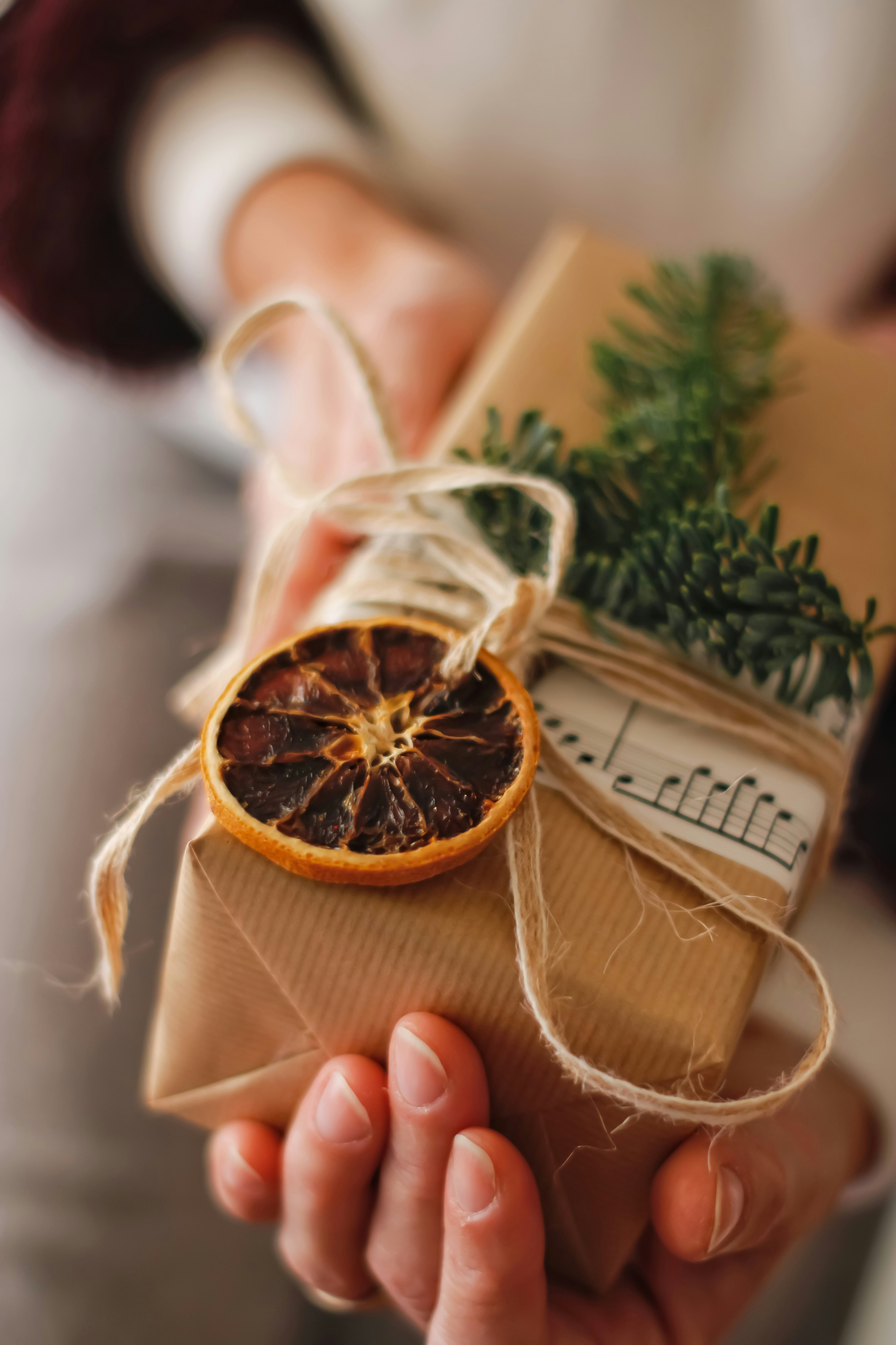 Hände halten ein Geschenk, eingewickelt in Packpapier und Grünzeug.