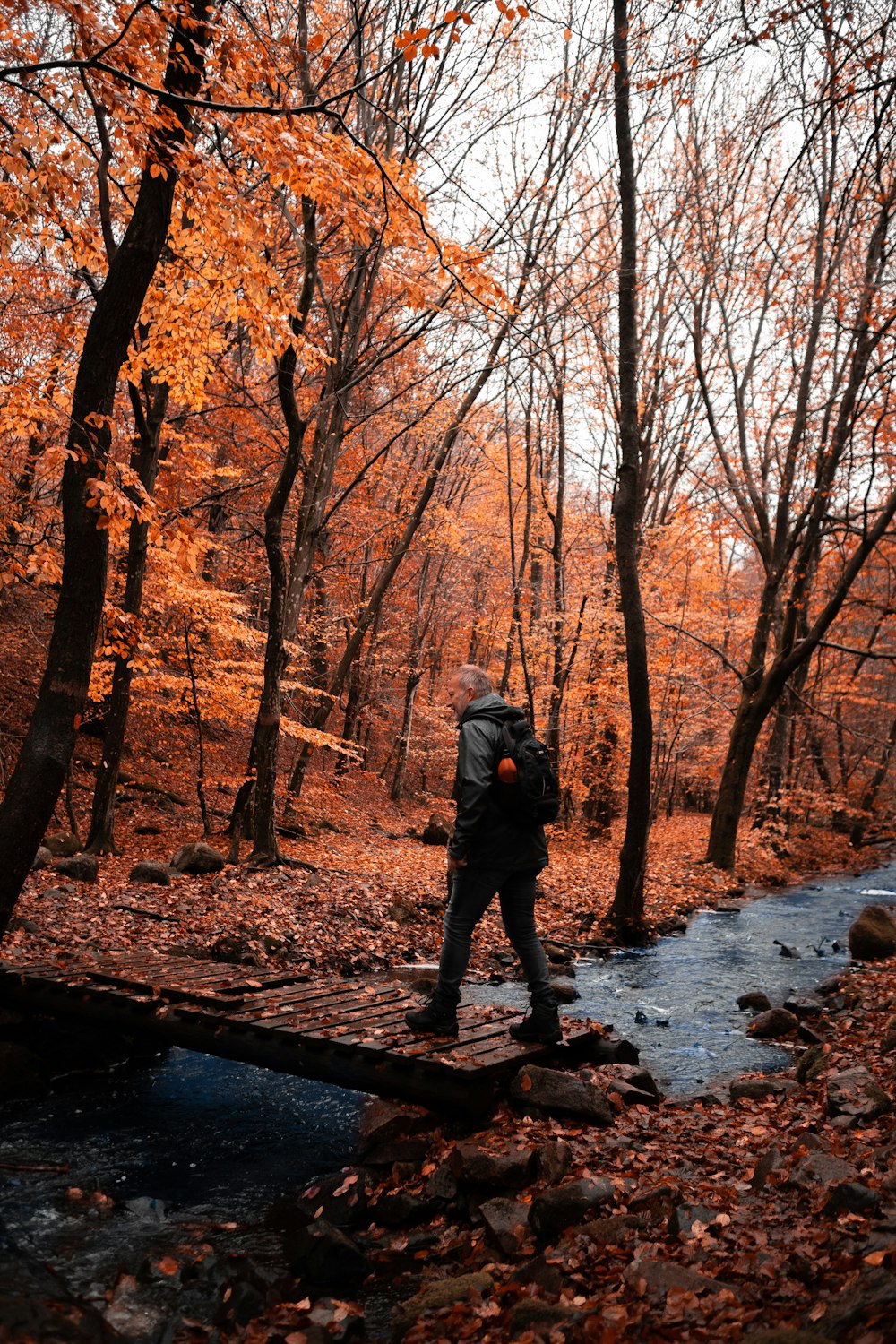 man in black jacket and black backpack standing on wooden bridge over river during daytime