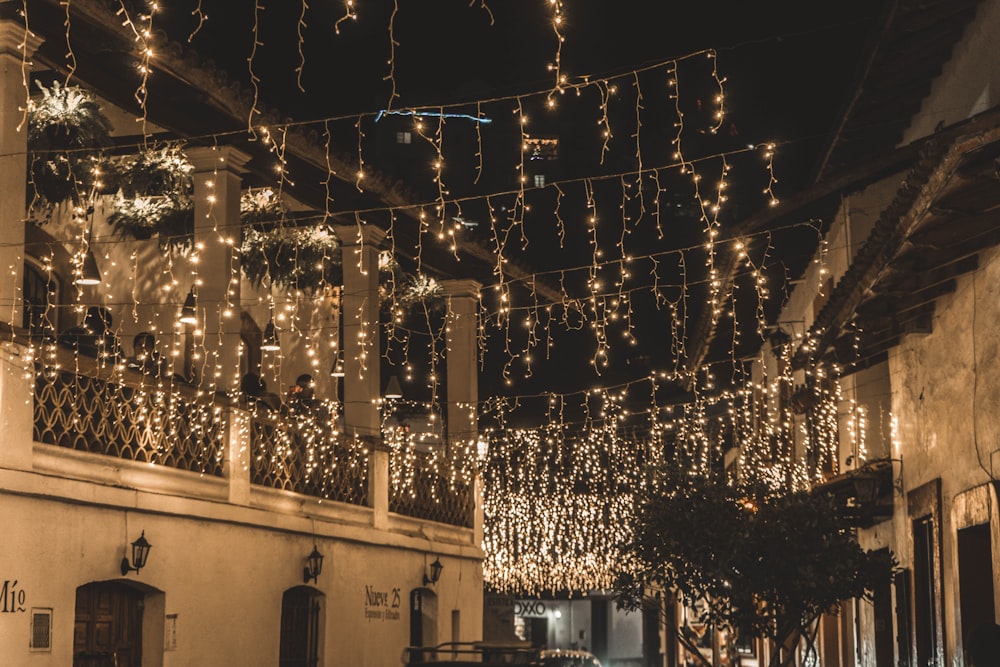 luzes de corda na rua durante a noite