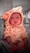 A baby dressed in a cozy outfit with a hood decorated with small animal prints. The baby is looking upwards with wide eyes, sitting on a patterned fabric. The hood features a bear design, and the baby has a small black dot on the forehead. The background includes some soft items, possibly a blanket or pillow.