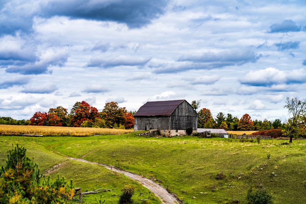 brown wooden house on green grass field under white clouds during daytime