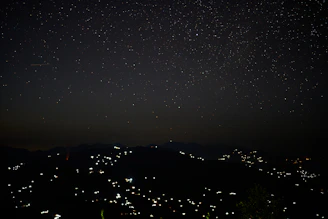 Night sky full of stars above the peaceful rural lodging area.