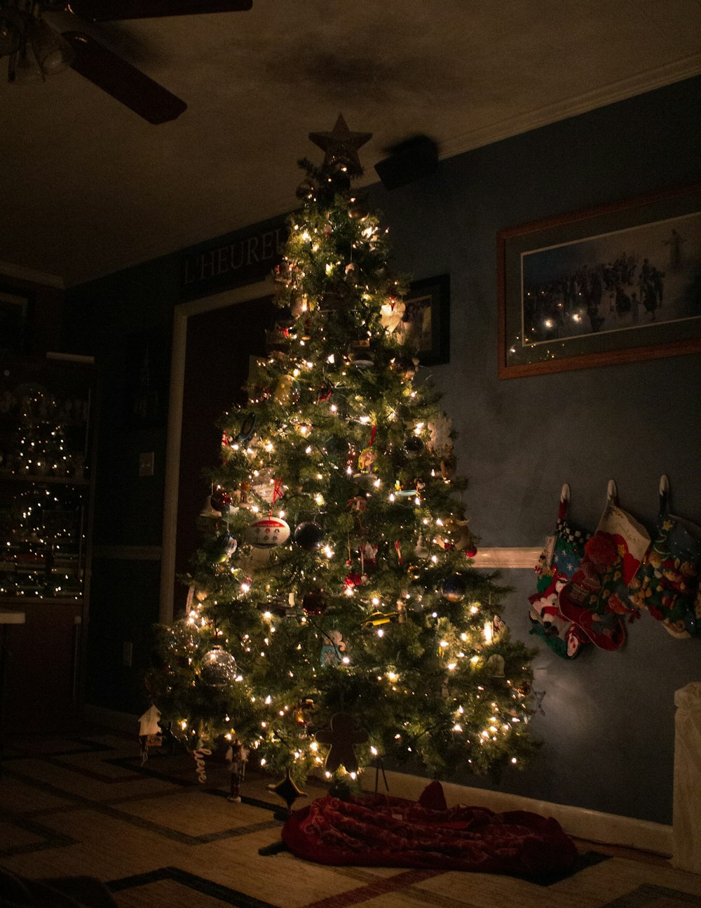 green christmas tree with string lights