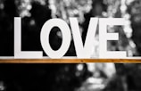 Large white letters spelling out 'LOVE' are placed on a wooden surface. The background consists of blurred black and white foliage that provides a contrasting backdrop, making the letters stand out prominently.