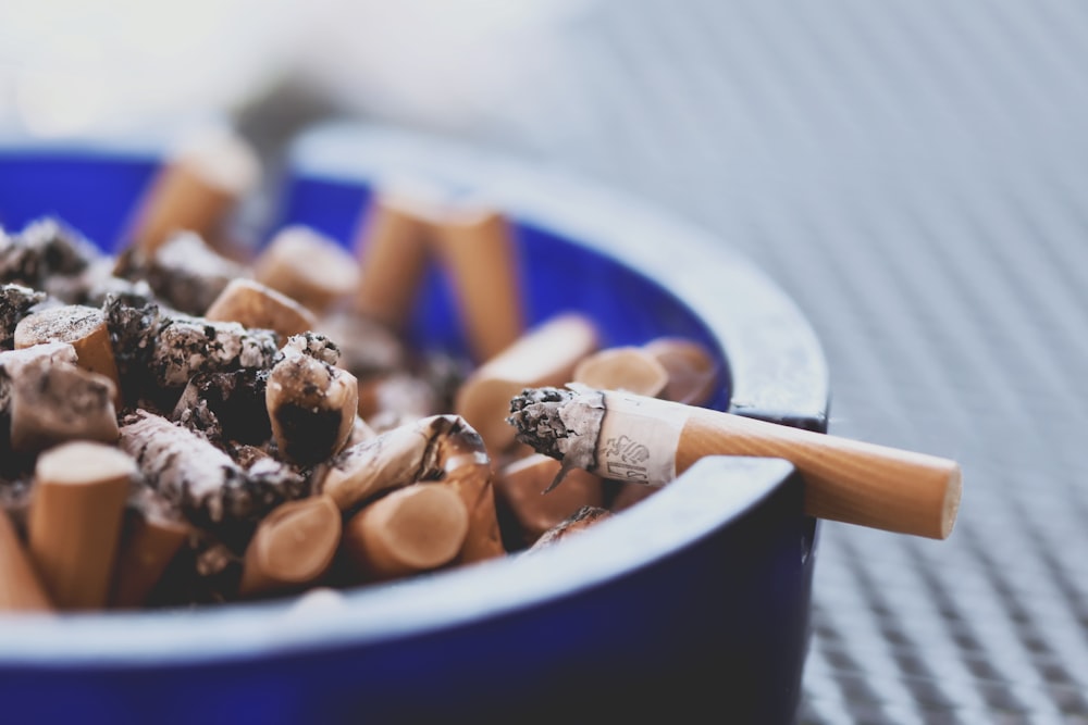 blue ceramic bowl with chocolate and peanut butter