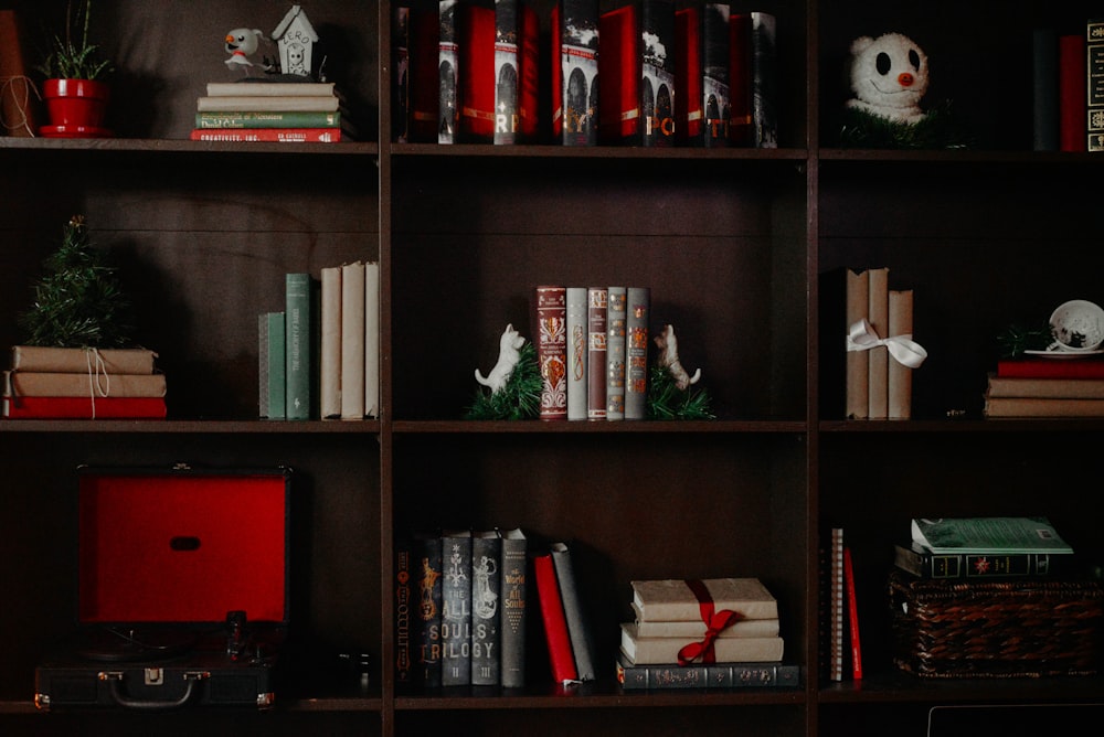 books on brown wooden shelf