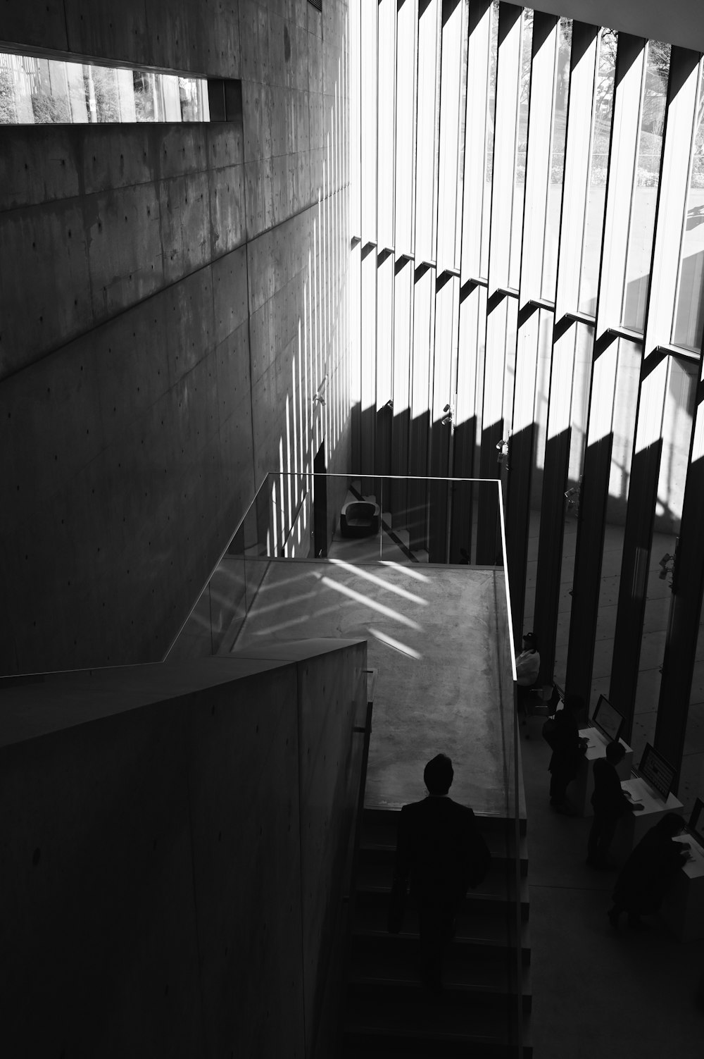 Foto en escala de grises de una persona caminando por las escaleras