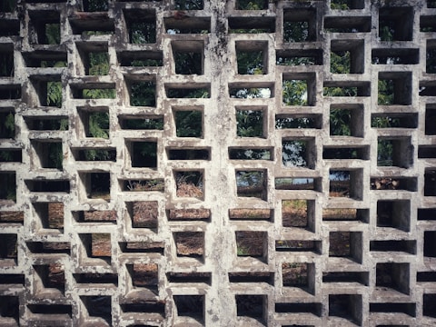 A wall made of rectangular concrete blocks with square openings arranged in a grid pattern. The view through the openings reveals some greenery, possibly trees and bushes, suggesting an outdoor environment.