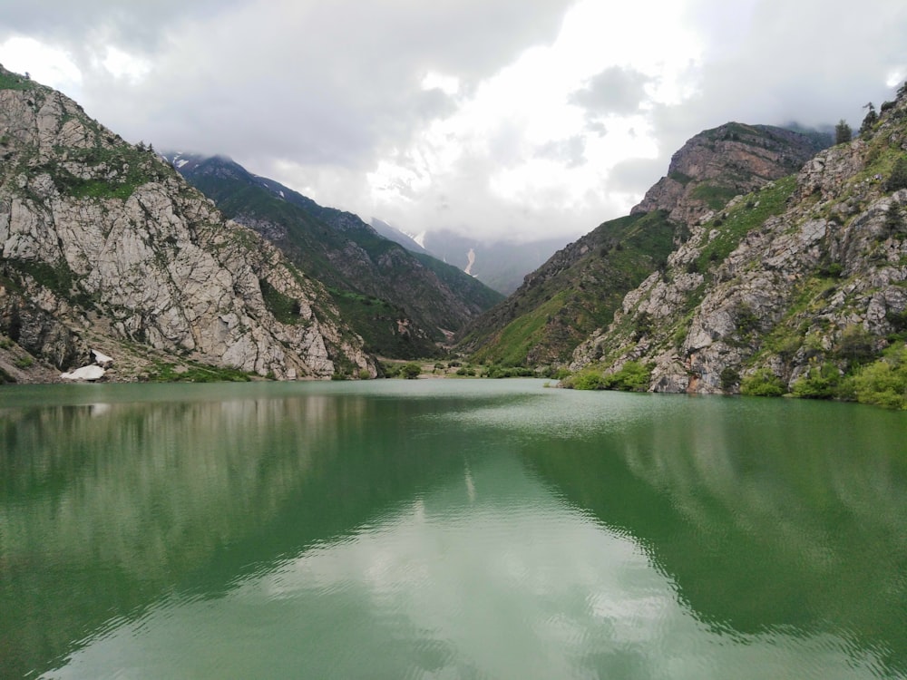 lake between mountains under cloudy sky during daytime