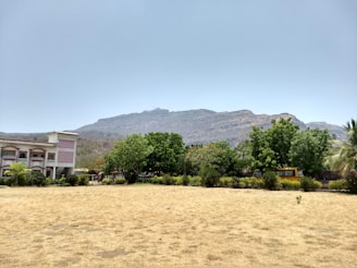 A suburban landscape featuring a large grassy field and a two-story building with a red and white facade on the left. The scene includes several mature trees and a visible mountain range in the background under a clear blue sky. A yellow vehicle is parked among the trees.