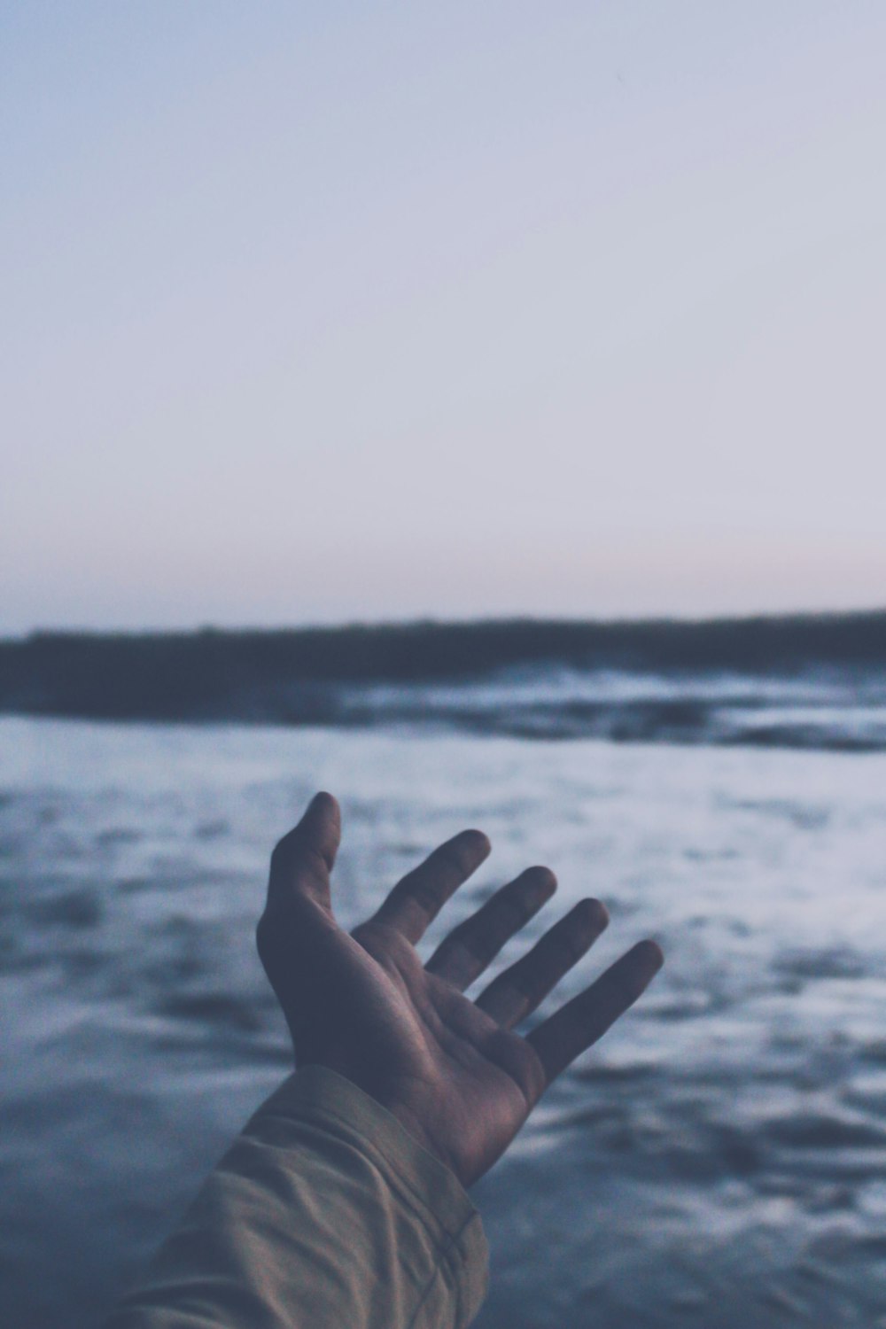 persons hand near body of water during daytime