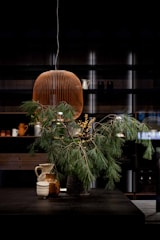 A sophisticated interior setting featuring a modern, wire-framed pendant light hanging above a dark table. The table is adorned with a lush arrangement of pine branches and yellow berries in a vase, accompanied by several ceramic mugs and pitchers. The background consists of shelves displaying various kitchenware in a dimly lit room.