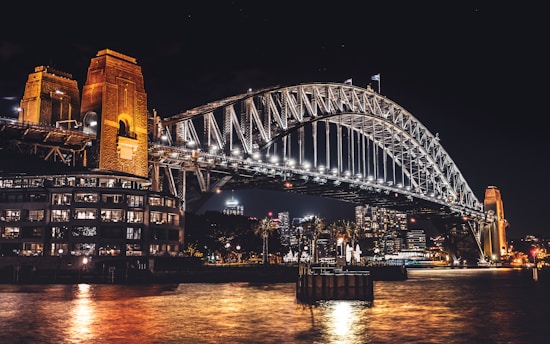 lighted bridge over river during night time