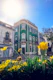 yellow flowers in front of brown concrete building