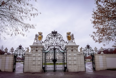 A grand wrought-iron gate with intricate designs stands prominently in front of a large, ornate building. The gate is flanked by tall stone pillars, each adorned with statues of lions holding golden shields. The area is set against a cloudy sky and surrounded by bare trees and a paved pathway.