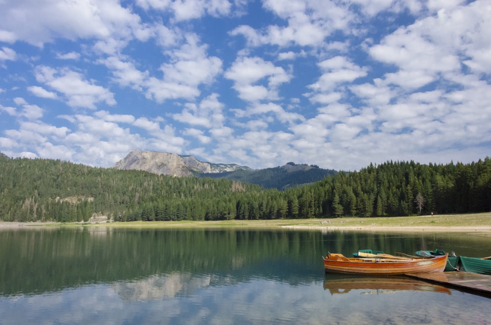 brown boat on lake near green trees and mountain under blue and white cloudy sky during