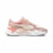 A stylish athletic shoe with a modern design, featuring a mix of suede and mesh materials. The color palette includes soft pink, beige, and white tones. The sole is slightly chunky, providing a trendy and comfortable look.