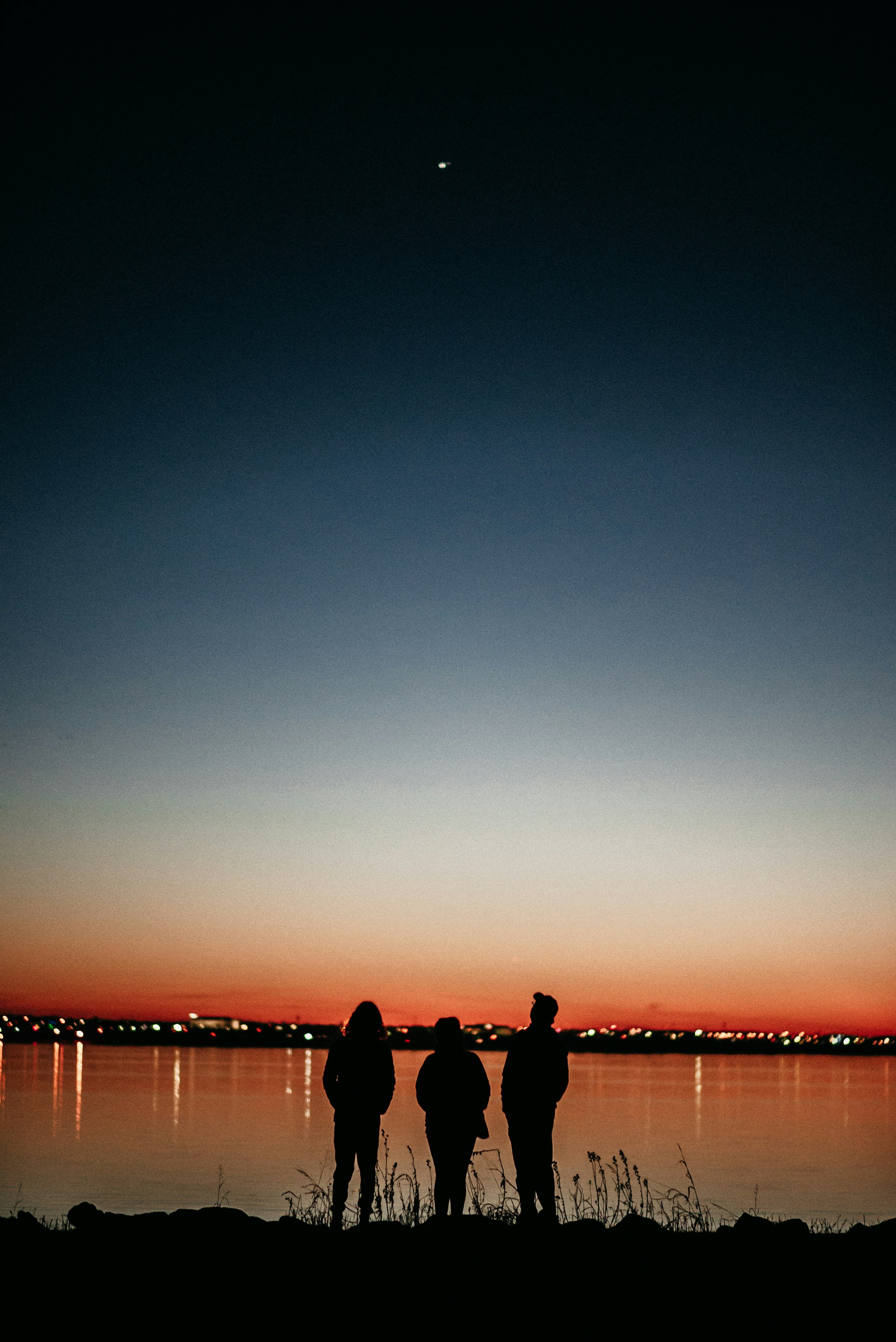 silhouette of 2 person standing on seashore during sunset