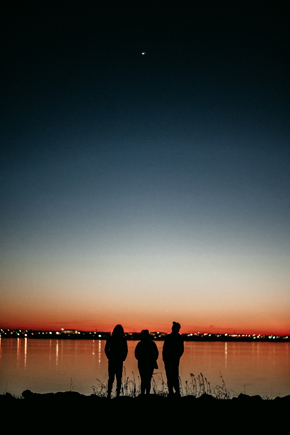 silhouette of 2 person standing on seashore during sunset