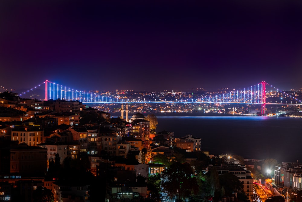 city skyline during night time