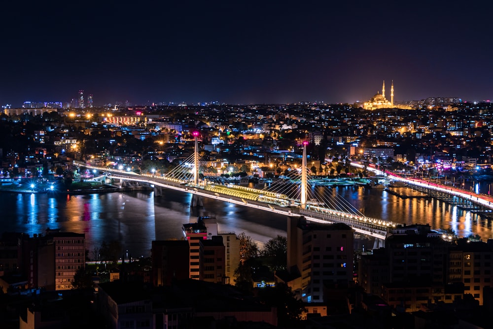 city skyline during night time