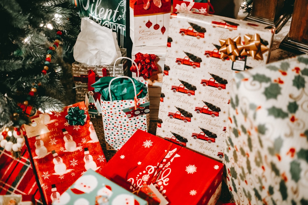 red and white gift boxes