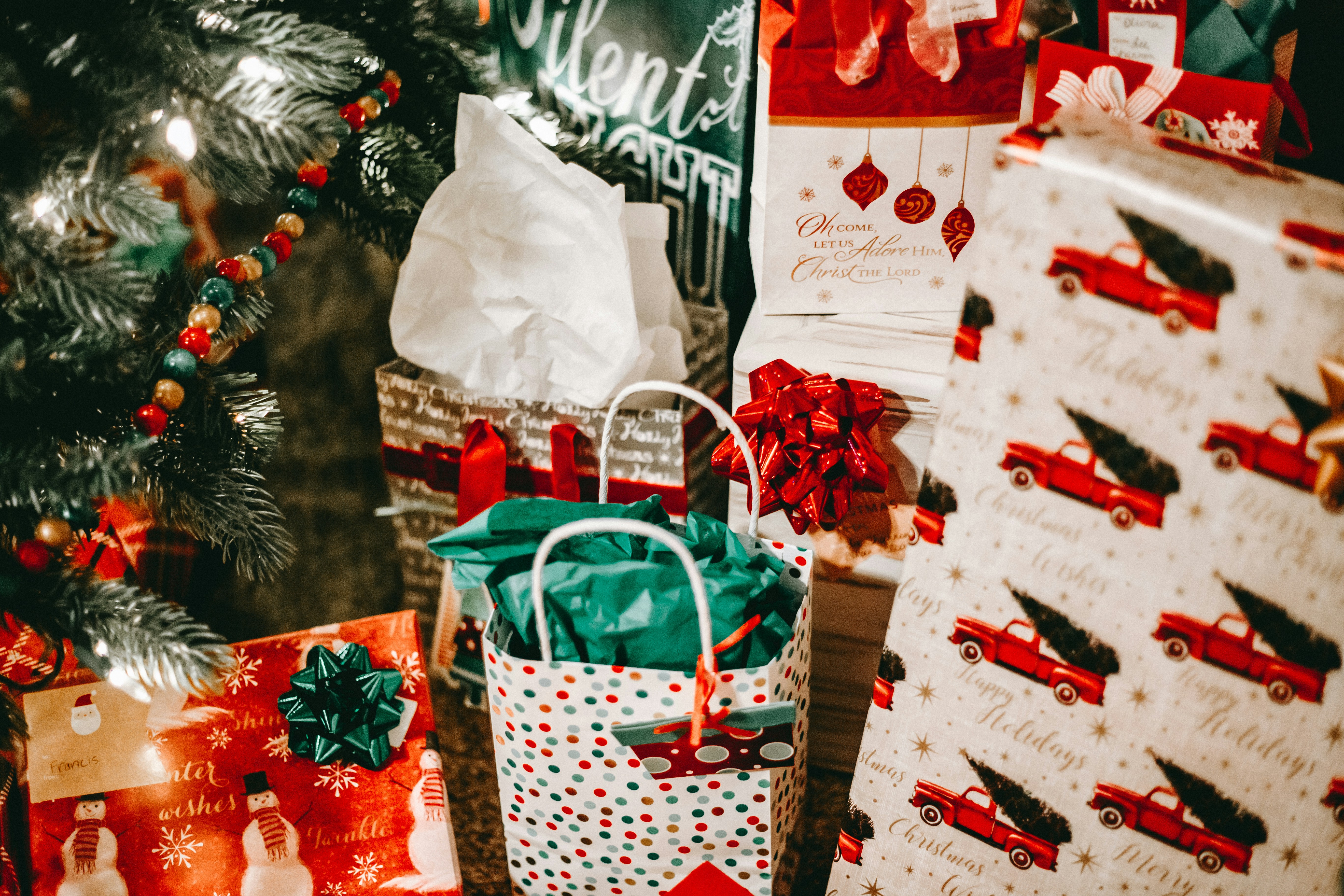 red and white christmas gift bags