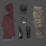 A flat lay of casual men's clothing and accessories including a maroon hoodie, olive green pants, a charcoal grey baseball cap, black leather sneakers, and a black belt with a silver buckle, all arranged on a dark grey background.